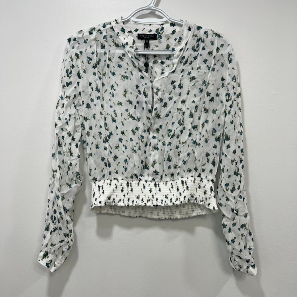 Rag &‎ Bone Womens Calista Top XXS NWT $350 White Floral Smocked Long Sleeve